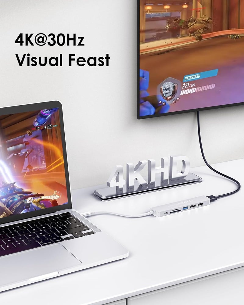 Lention محور USB C مع شحن 100 واط، HDMI 4K، قارئ بطاقات مزدوج، متوافق مع USB 3.0 و 2.0 لجهاز MacBook Pro، Mac Air/Surface الجديد، Chromebook، المزيد، محول سائق مستقر (CB-CE18، فضي) - Image 2